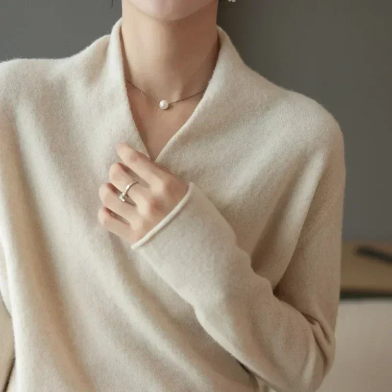 Wool Knit Sweater Women Cross-Bust Round Neck Long Sleeve