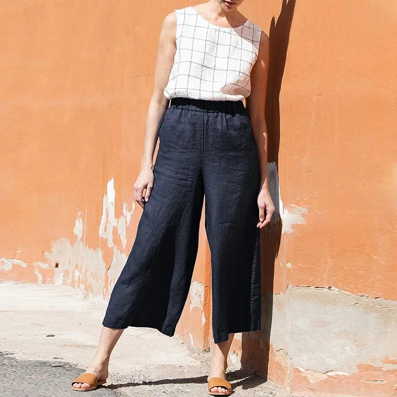 FJØRNA women's linen wide-leg trousers with drawstring, pull-on design, lightweight and comfortable for casual wear