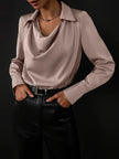 FJØRNA satin cowl-neck long-sleeve women's blouse in white, stylish top with smooth fabric and elegant drape.