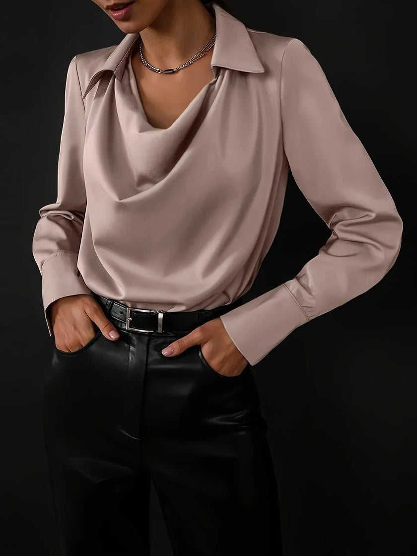 FJØRNA satin cowl-neck long-sleeve women's blouse in white, stylish top with smooth fabric and elegant drape.