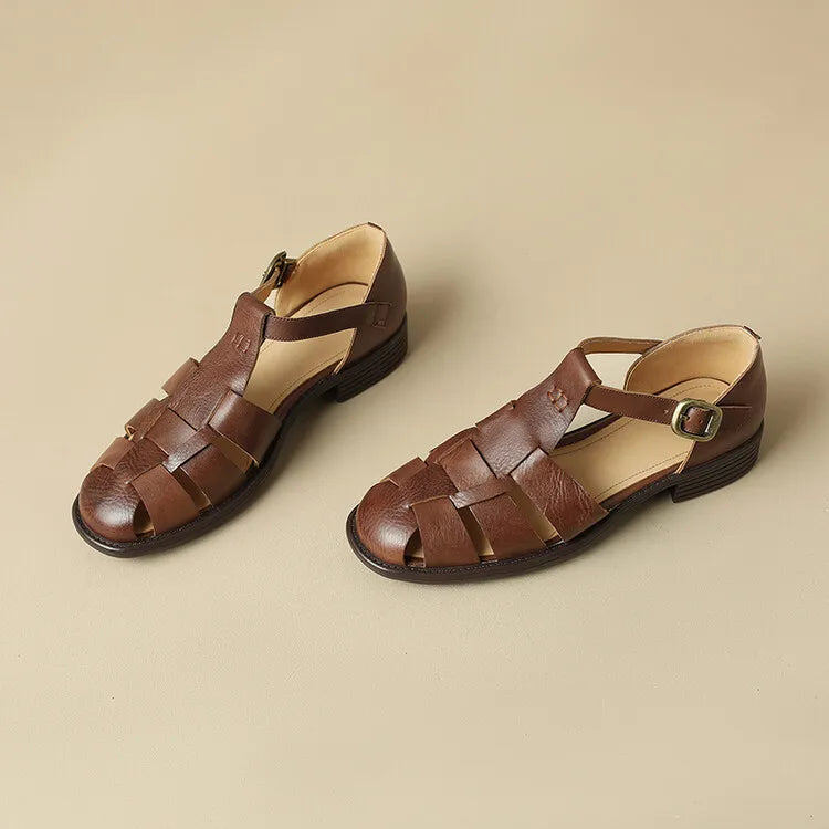 FJØRNA women's brown Italian leather adjustable strap sandals with open toes and flat soles, stylish and comfortable footwear.