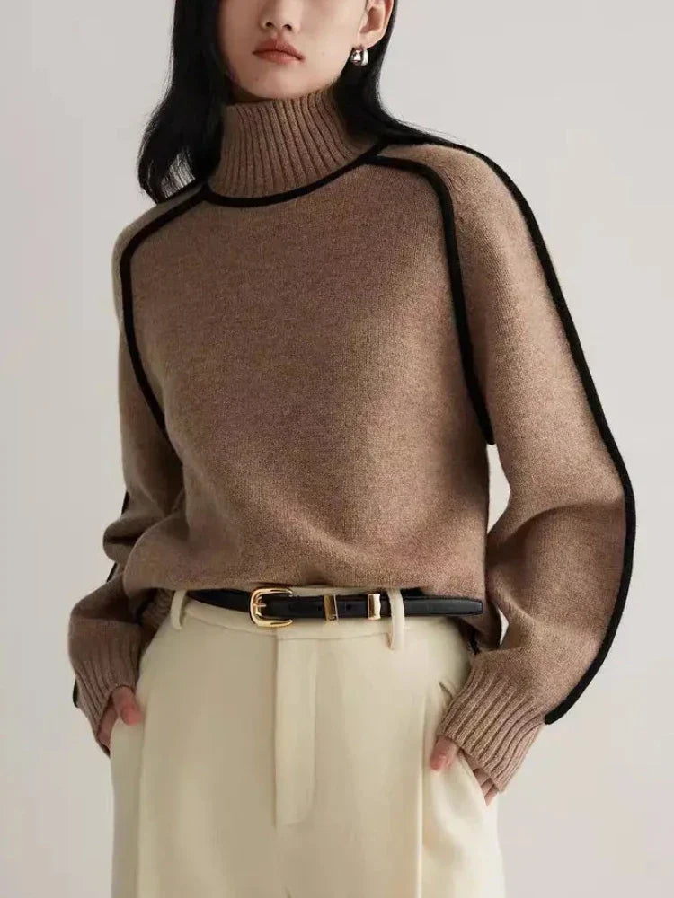 Turtleneck Sweater Women Contrast Seam Relaxed Fit