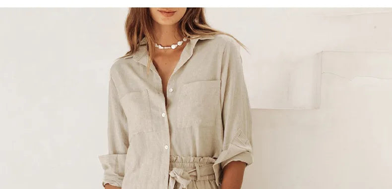 FJØRNA linen wide-leg trousers for women, loose pull-on pants with relaxed fit and comfortable, breathable fabric.