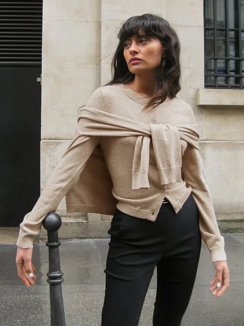 FJØRNA women's longline button-front knit cardigan, soft and cozy women's tops with a relaxed fit and stylish design.