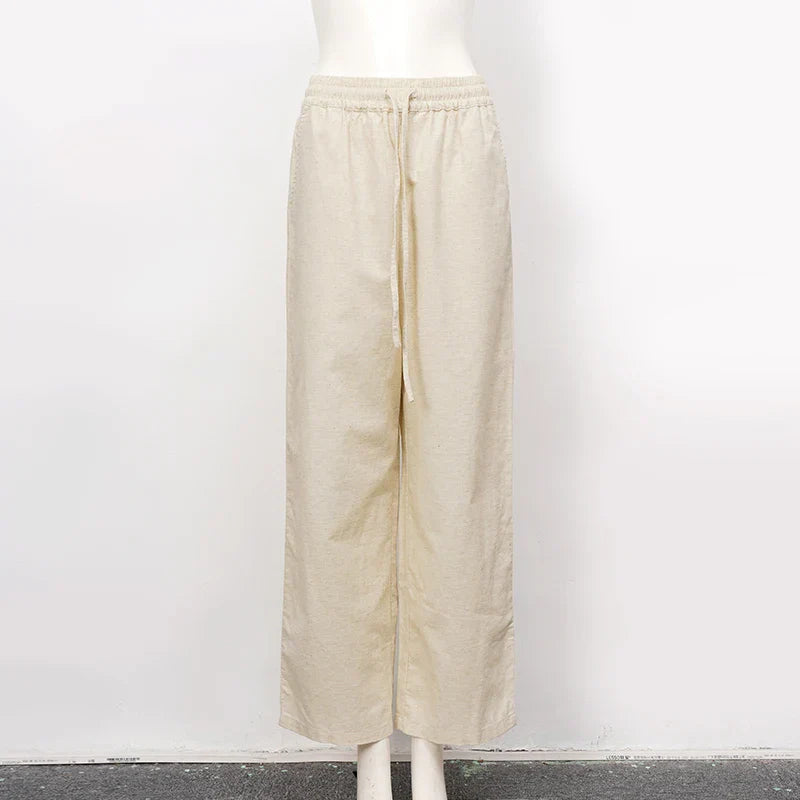 FJØRNA women's cotton linen wide-leg trousers with drawstring, pull-on style, comfortable and stylish for casual wear