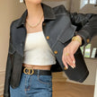 Faux Leather Jacket Women Utility Turn-Down Collar