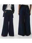 Blue denim wide-leg drawstring jeans for women by FJØRNA, showcasing relaxed fit and stylish design.