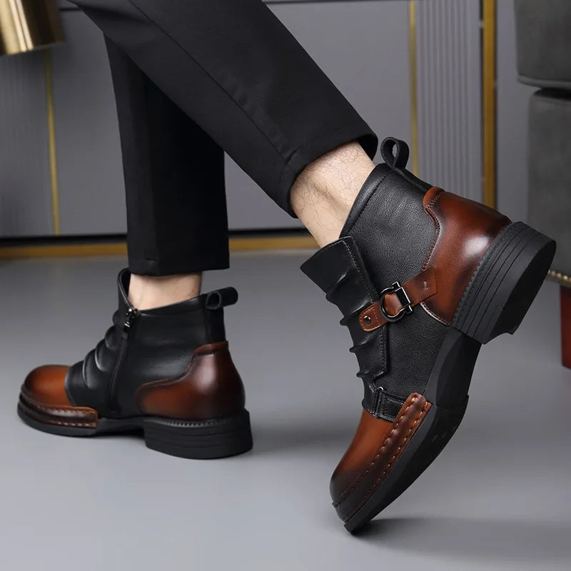 Ankle Boots Leather Side Zip Buckle Strap Layered Fold Winter Boots | Ines