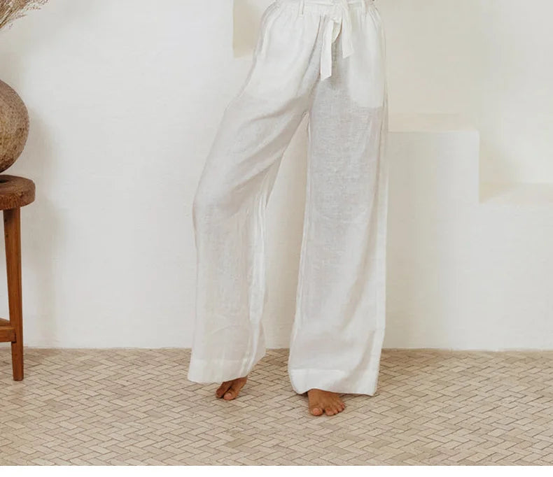 FJØRNA linen wide-leg loose pull-on pants for women, relaxed fit trousers with a comfortable, flowing design.