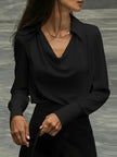 FJØRNA women's satin cowl-neck long-sleeve blouse in white, stylish and elegant women's top with draped neckline and smooth fabric.