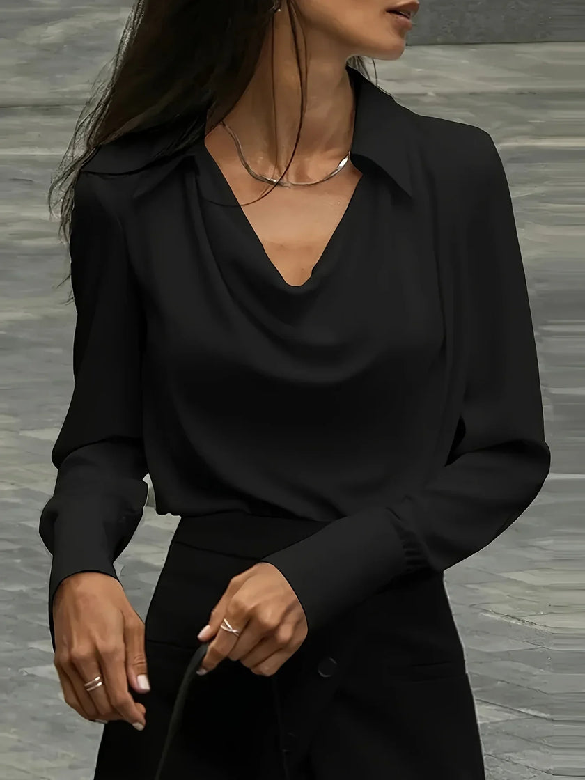 FJØRNA women's satin cowl-neck long-sleeve blouse in white, stylish and elegant women's top with draped neckline and smooth fabric.