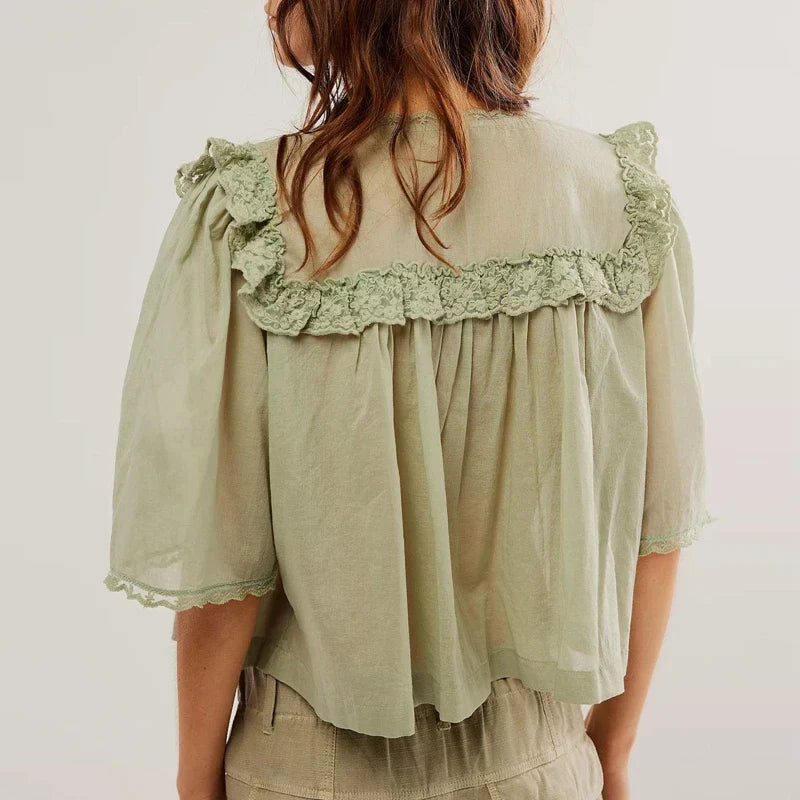 FJØRNA cream cropped cotton blouse with lace trim, women's white top featuring a feminine, stylish design and delicate detailing.