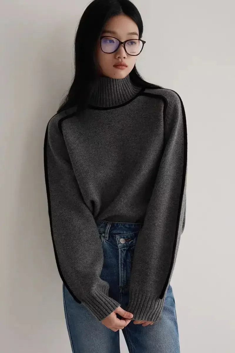 Turtleneck Sweater Women Contrast Seam Relaxed Fit
