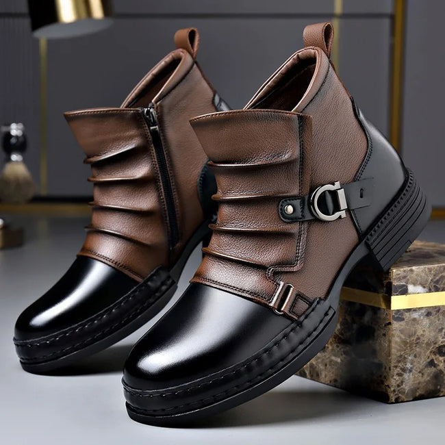 Ankle Boots Leather Side Zip Buckle Strap Layered Fold Winter Boots | Ines