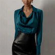 FJØRNA women's satin cowl-neck long-sleeve blouse in white, stylish and elegant top for women.