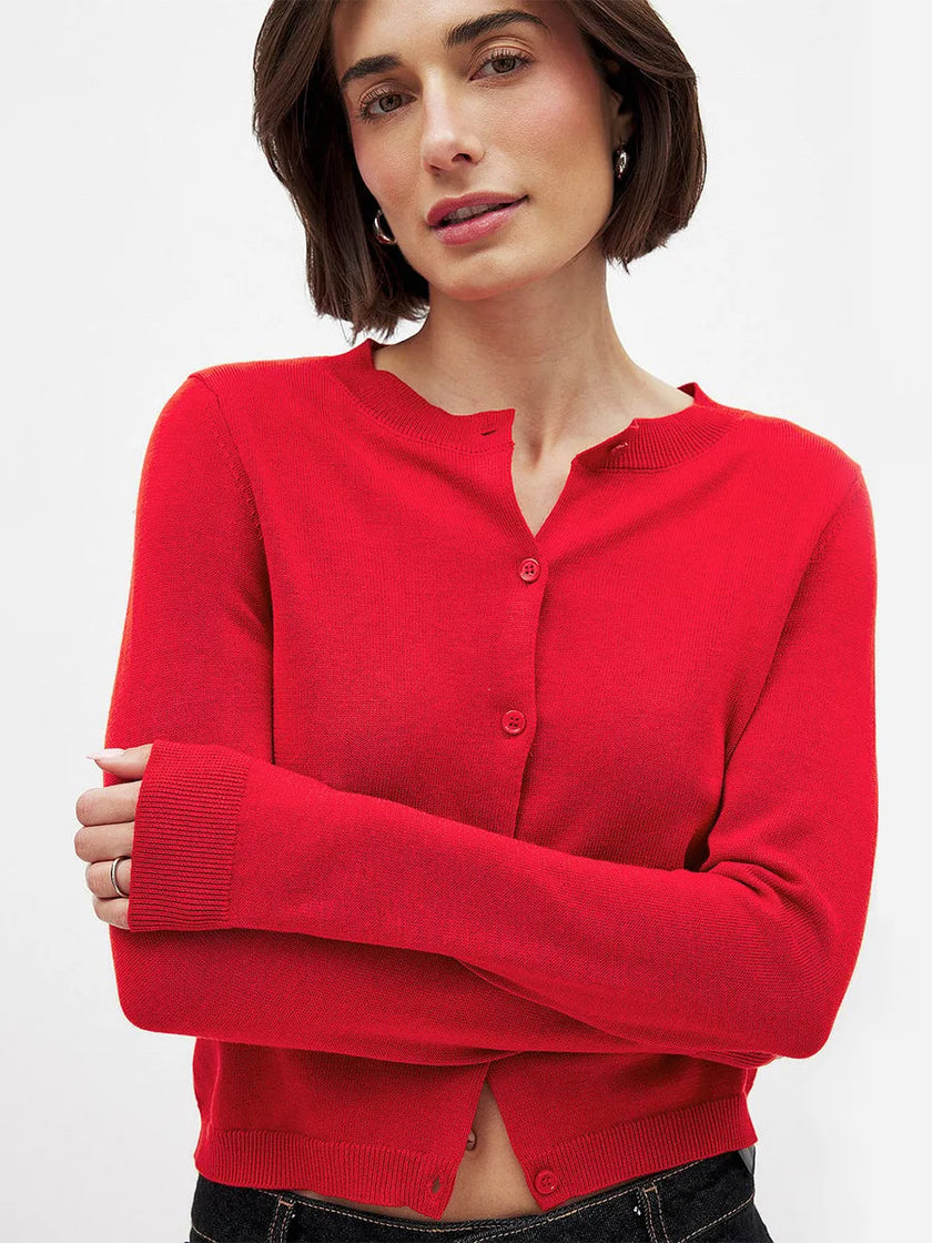 FJØRNA women's longline knit cardigan with button-front design, soft and cozy top for stylish layered outfits.