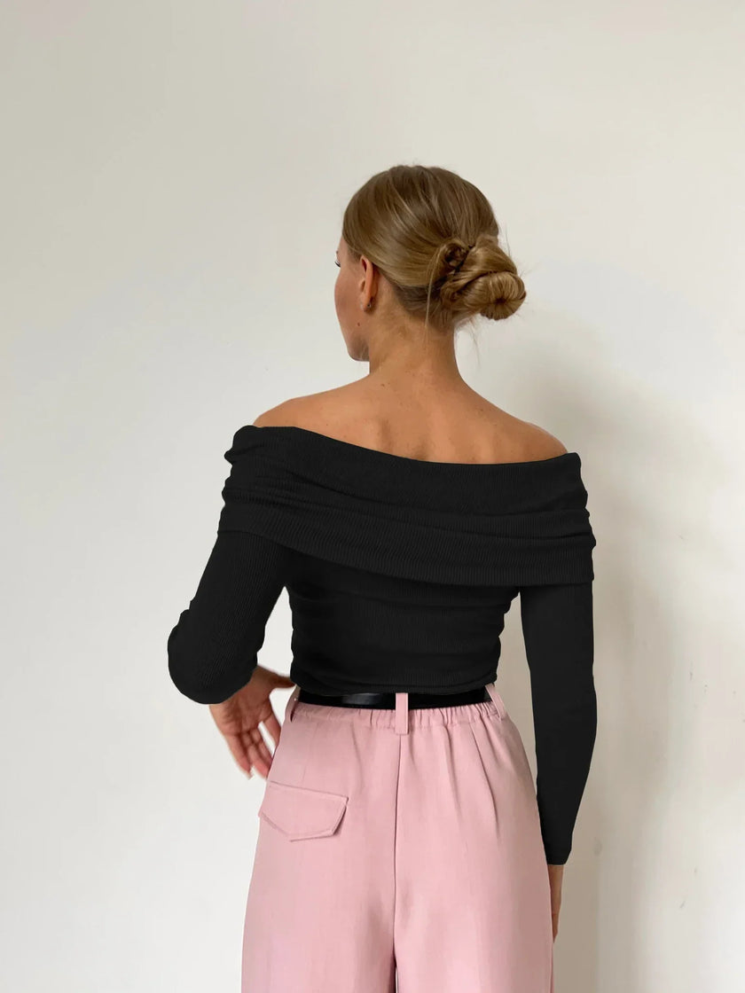 FJØRNA ribbed knit off-shoulder women's top with mock neck, stylish and comfortable for casual wear