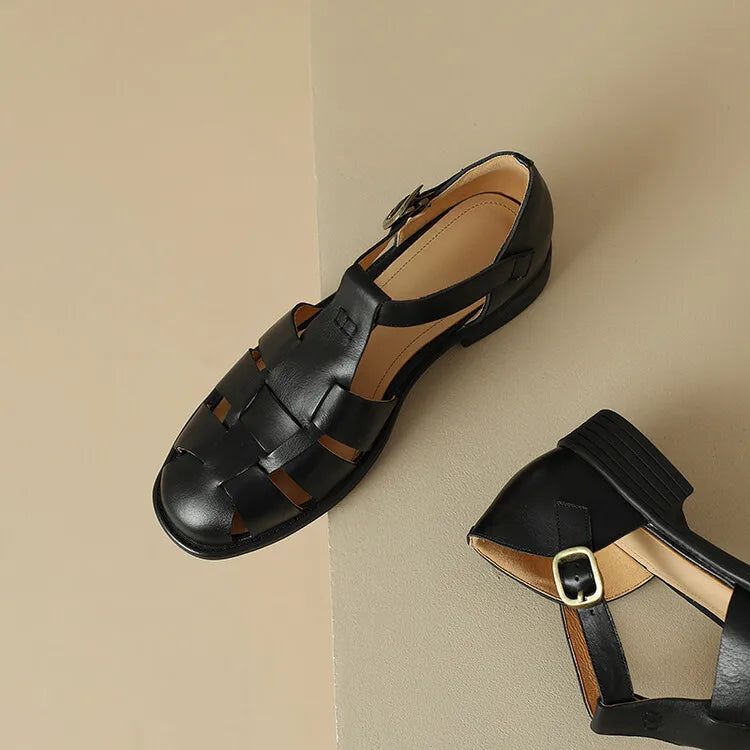 FJØRNA women's brown Italian leather adjustable strap sandals with open toe and block heel, stylish and comfortable footwear.
