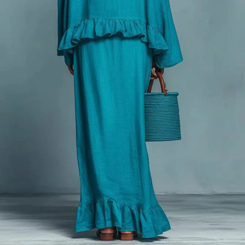 FJØRNA Hannah Bohemian Two Piece Set, casual wedding dress with flowing fabric and boho style, shown in a stylish dress image.