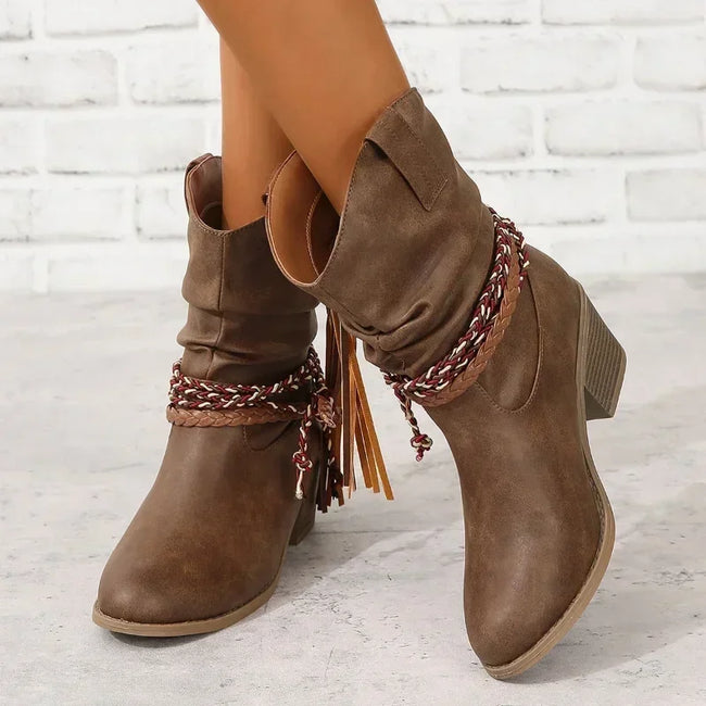 Western Boots Braided Slouchy Mid Calf Cowboy Boots | Ulla