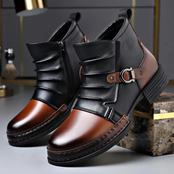 Ankle Boots Leather Side Zip Buckle Strap Layered Fold Winter Boots | Ines
