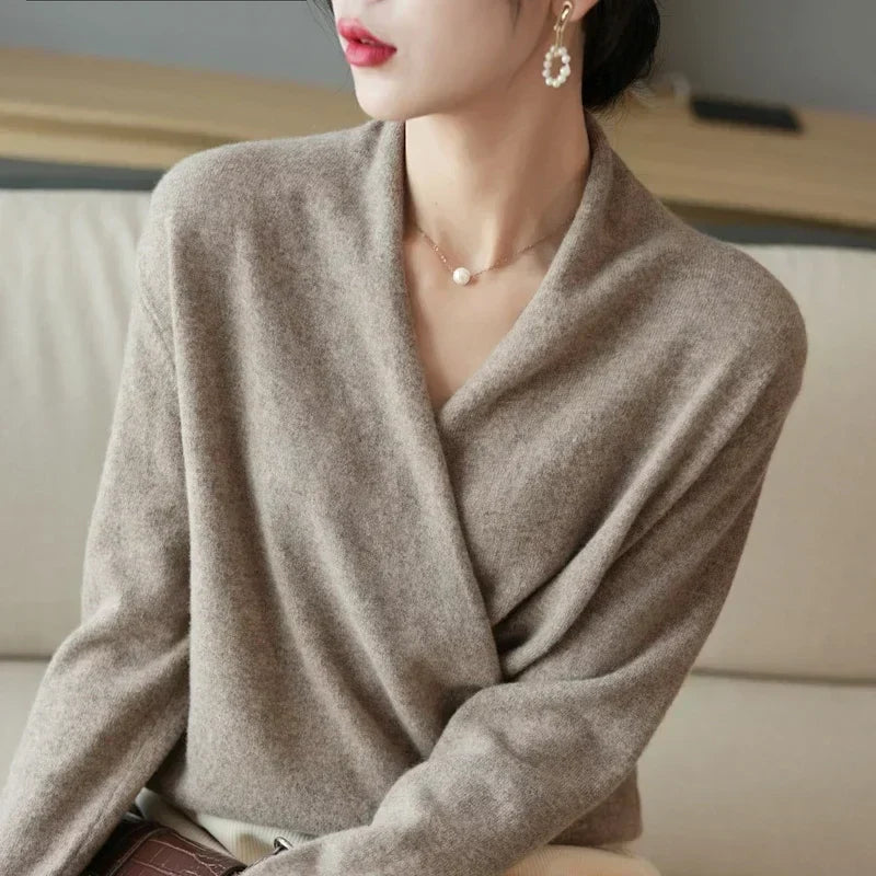 Wool Knit Sweater Women Cross-Bust Round Neck Long Sleeve