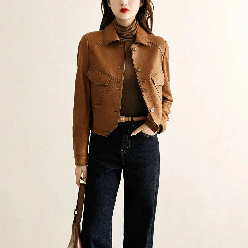 Faux Leather Jacket Women Utility Turn-Down Collar