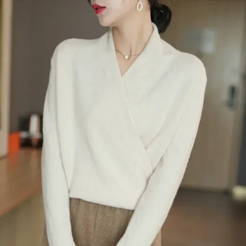 Wool Knit Sweater Women Cross-Bust Round Neck Long Sleeve