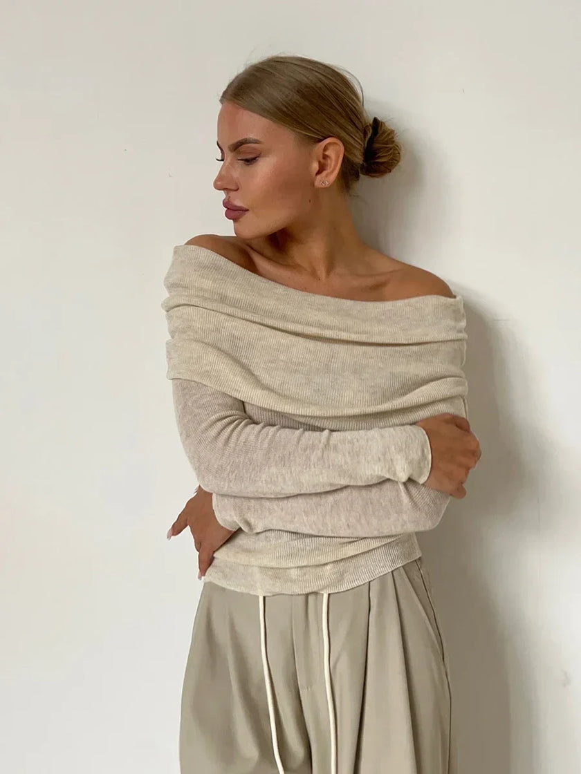 FJØRNA women's ribbed knit off-shoulder top with mock neck, stylish and fitted for casual and chic looks