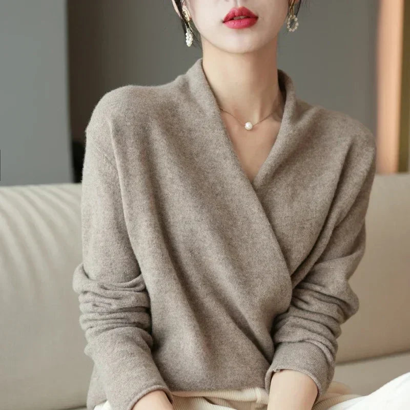 Wool Knit Sweater Women Cross-Bust Round Neck Long Sleeve