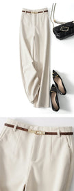 FJØRNA women's wide-leg wool trousers with high waist, tailored pants featuring a classic fit and soft fabric, front view.