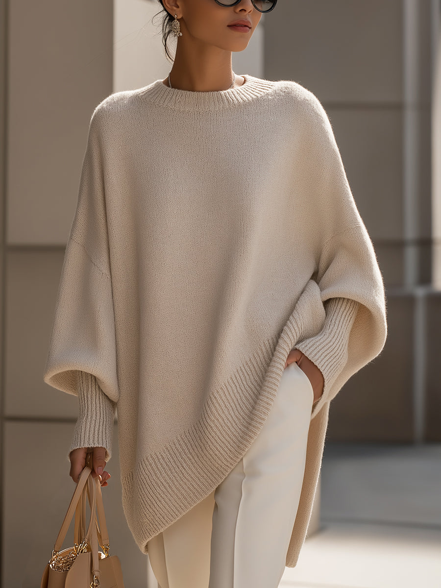 Beige Oversized Poncho Sweater with Ribbed Crew Neck and Sloped Hem for Women