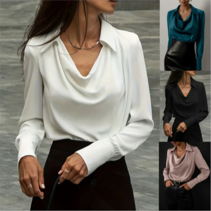 FJØRNA satin cowl-neck long-sleeve women's blouse in elegant white, featuring a soft, silky fabric and stylish draped neckline.