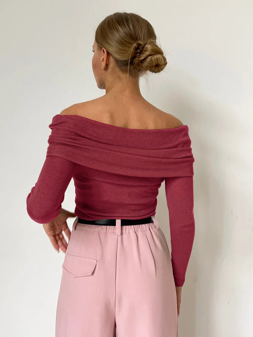 FJØRNA ribbed knit off-shoulder women's top with mock neck, stylish and fitted fashion top for women.