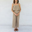 FJØRNA women's wide-leg linen cropped culotte trousers with relaxed fit and neutral tone, styled for casual wear