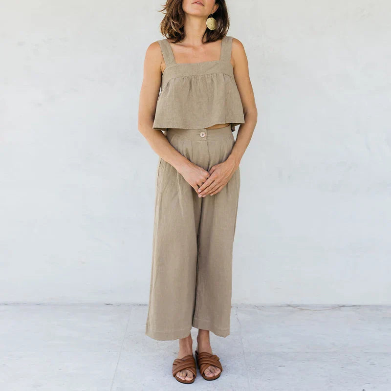 FJØRNA women's wide-leg linen cropped culotte trousers with relaxed fit and neutral tone, styled for casual wear