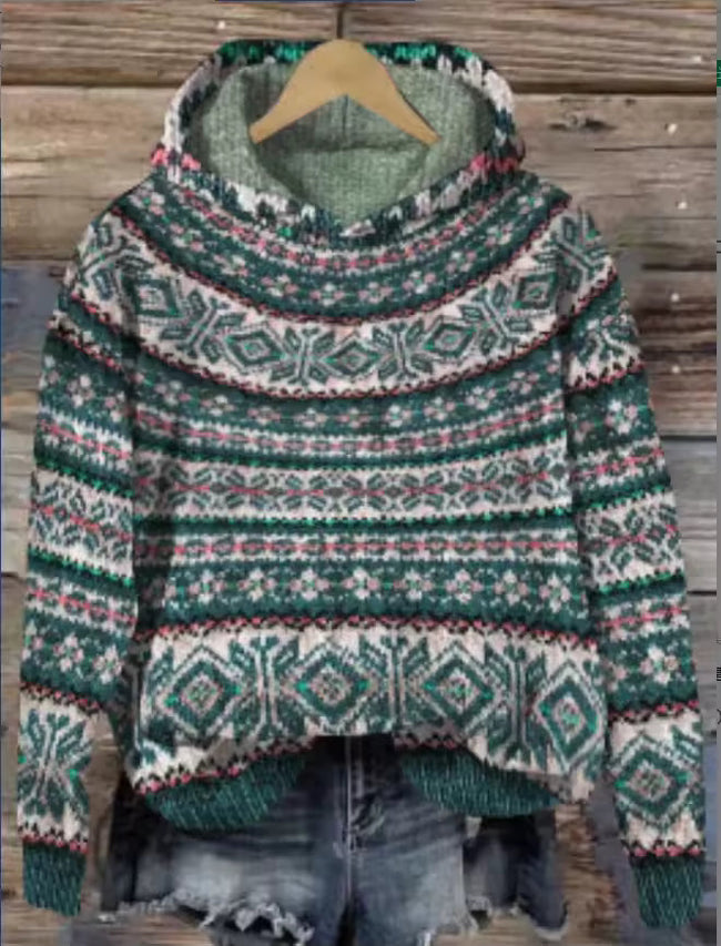 Nora | Women's Cozy Oversized Knit Nordic Hoodie Sweatshirt Pullover with Round-Neck Hooded Star Print Soft for Autumn