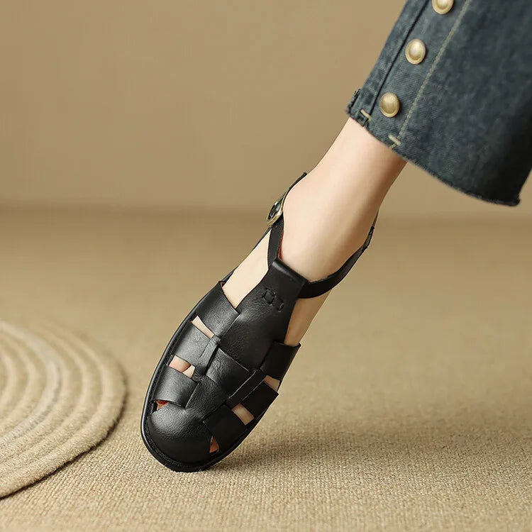 FJØRNA women's Italian leather brown adjustable strap sandals with open toe design and comfortable flat sole.