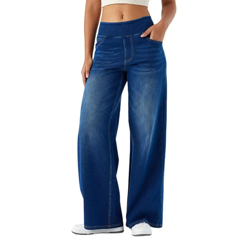 FJØRNA women's lace jeans with wide-leg cut and high waist, showcasing the stylish denim pants with lace details.