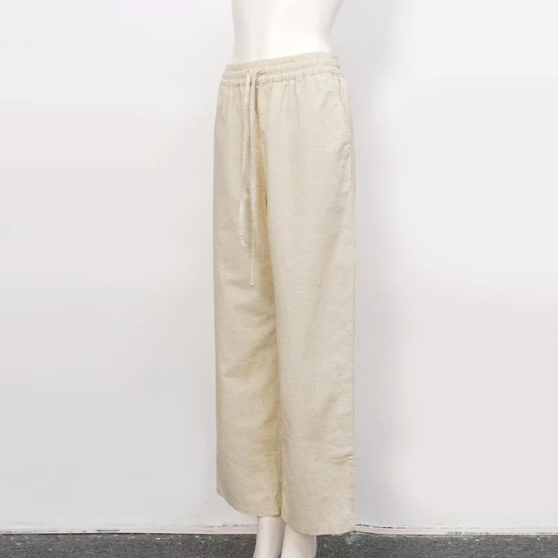 FJØRNA women’s cotton linen wide leg trousers with drawstring, pull-on style, relaxed fit, perfect for casual wear