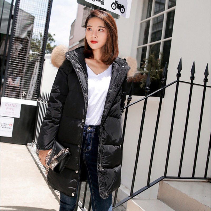 Down Coat Women Hooded Long Detachable Fur Trim Winter