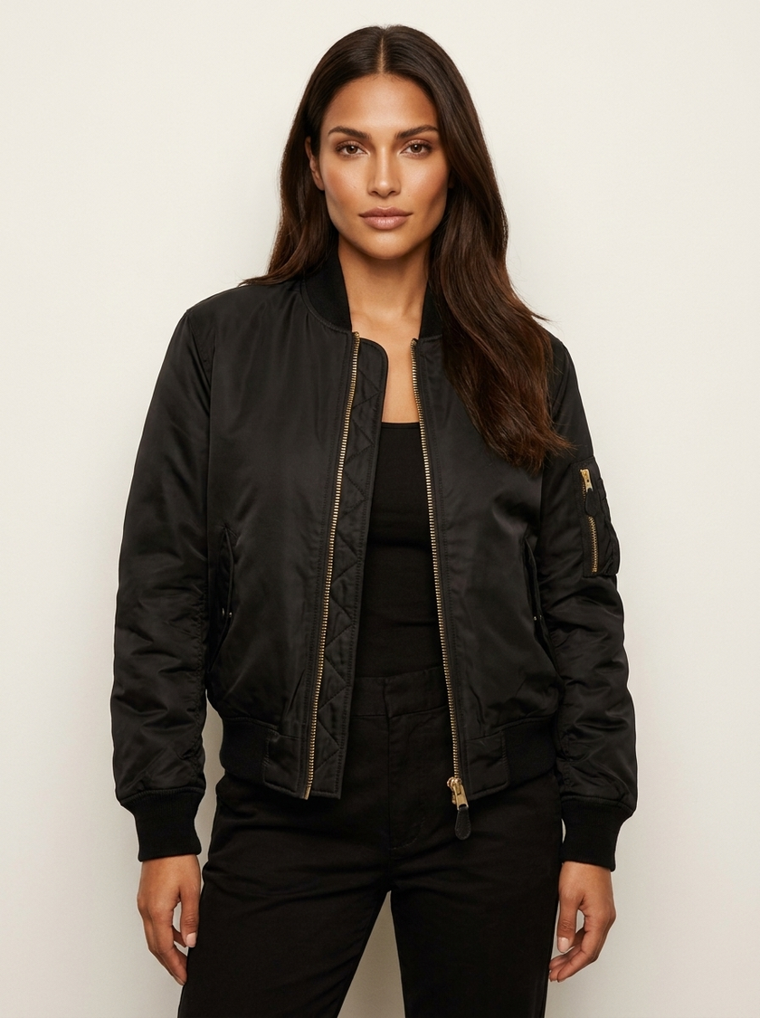 Bomber Jacket Women Satin Utility Pockets Classic
