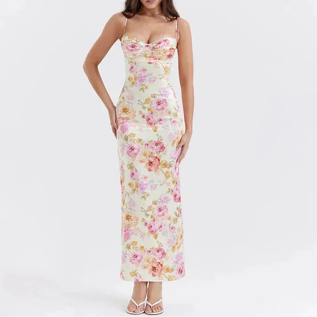 FJØRNA satin floral pencil maxi dress in white, featuring a fitted silhouette and elegant floral pattern in mauve tones.