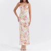 FJØRNA satin floral pencil maxi dress in white, featuring a fitted silhouette and elegant floral pattern in mauve tones.