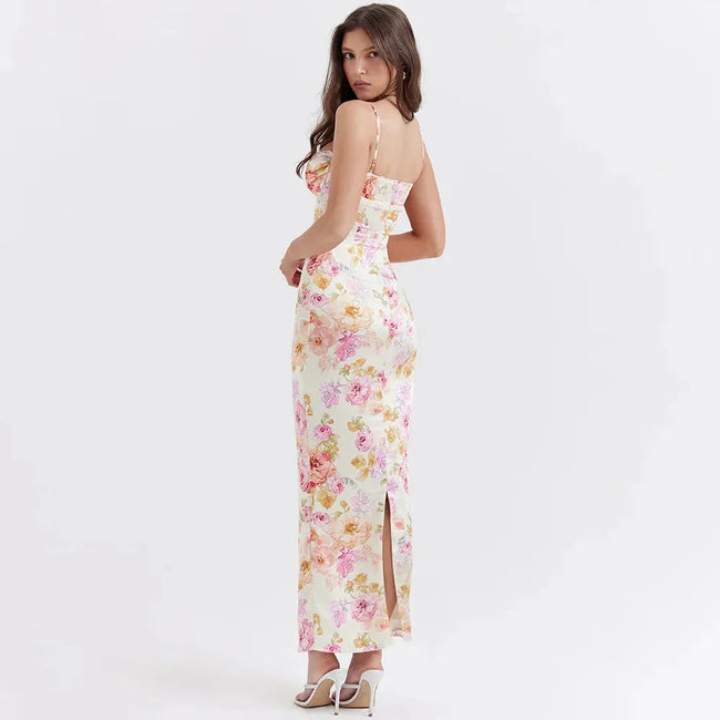 FJØRNA satin floral pencil maxi dress in white, featuring a fitted silhouette and elegant floral pattern, perfect for formal occasions.