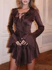 FJØRNA satin ruffled mini dress for women, perfect for parties and cocktails, shown in a stylish design with ruffled details.