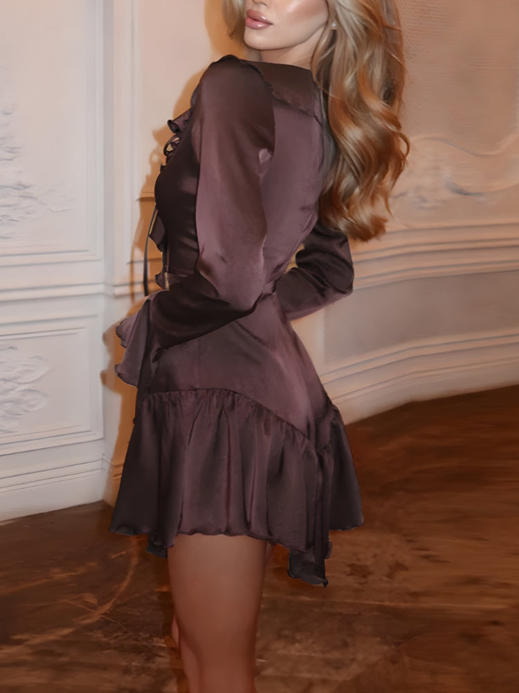FJØRNA satin ruffled mini dress for women, perfect for party and cocktail occasions, featuring a smooth satin fabric and stylish ruffles.
