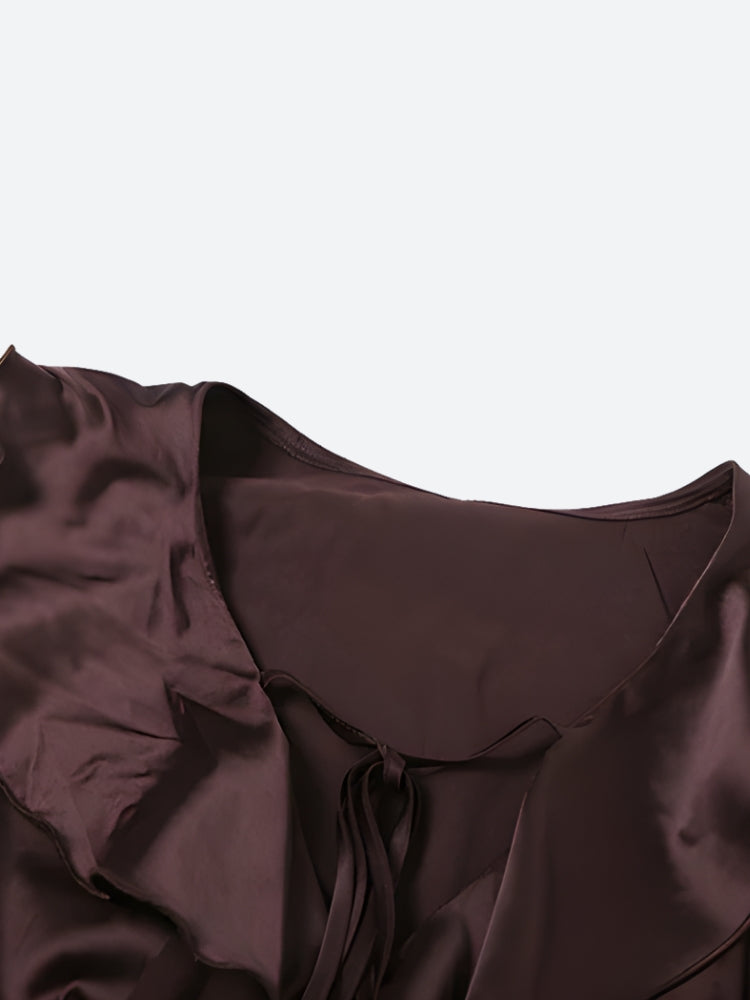 FJØRNA satin ruffled mini dress for women, perfect for parties and cocktails, featuring a stylish ruffled design and smooth satin fabric.
