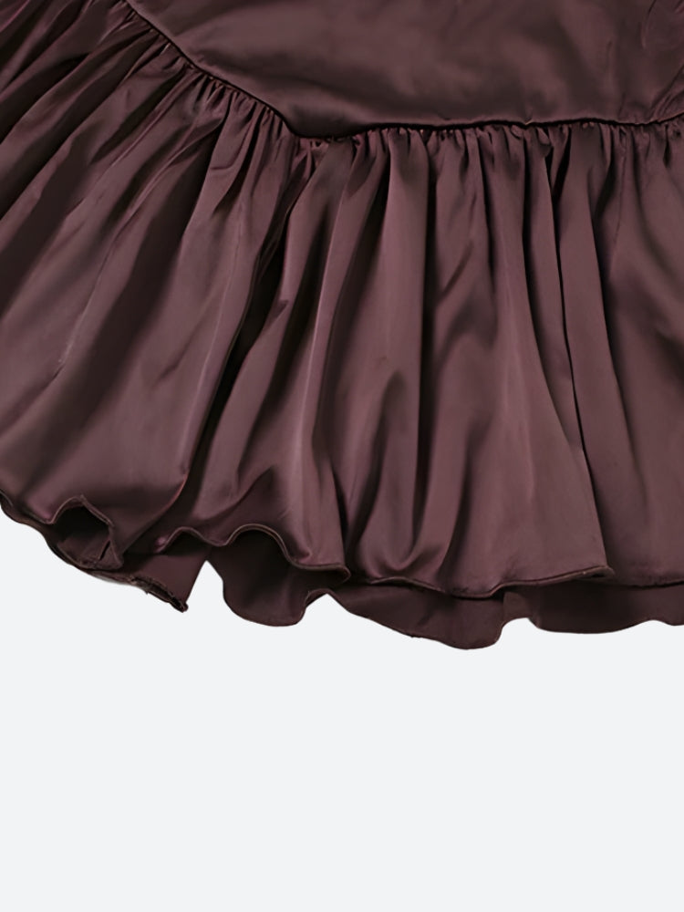 FJØRNA satin ruffled mini dress for women, perfect for party and cocktail occasions, featuring elegant ruffle details.