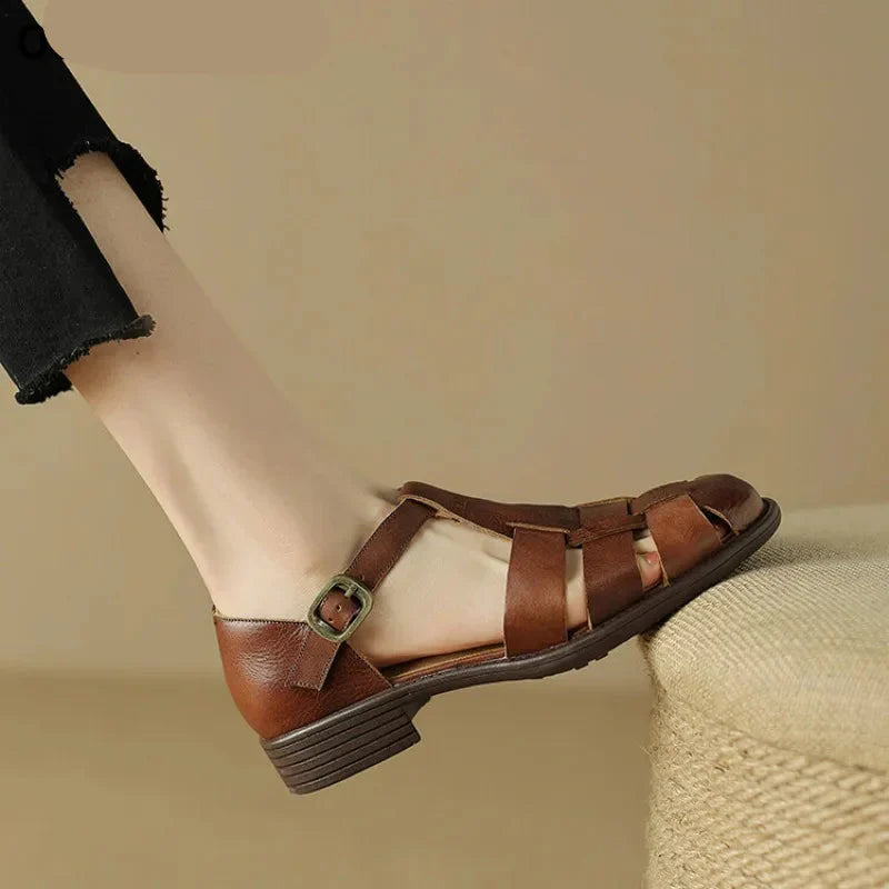 Women’s brown Italian leather sandals with adjustable straps by FJØRNA, featuring a stylish and comfortable shoe design.